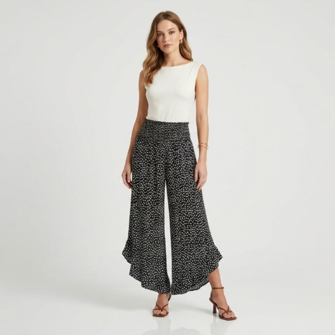 "Pantalon Large Taille Haute à Pois – Style Bohème Chic"