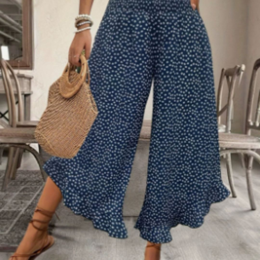 "Pantalon Large Taille Haute à Pois – Style Bohème Chic"