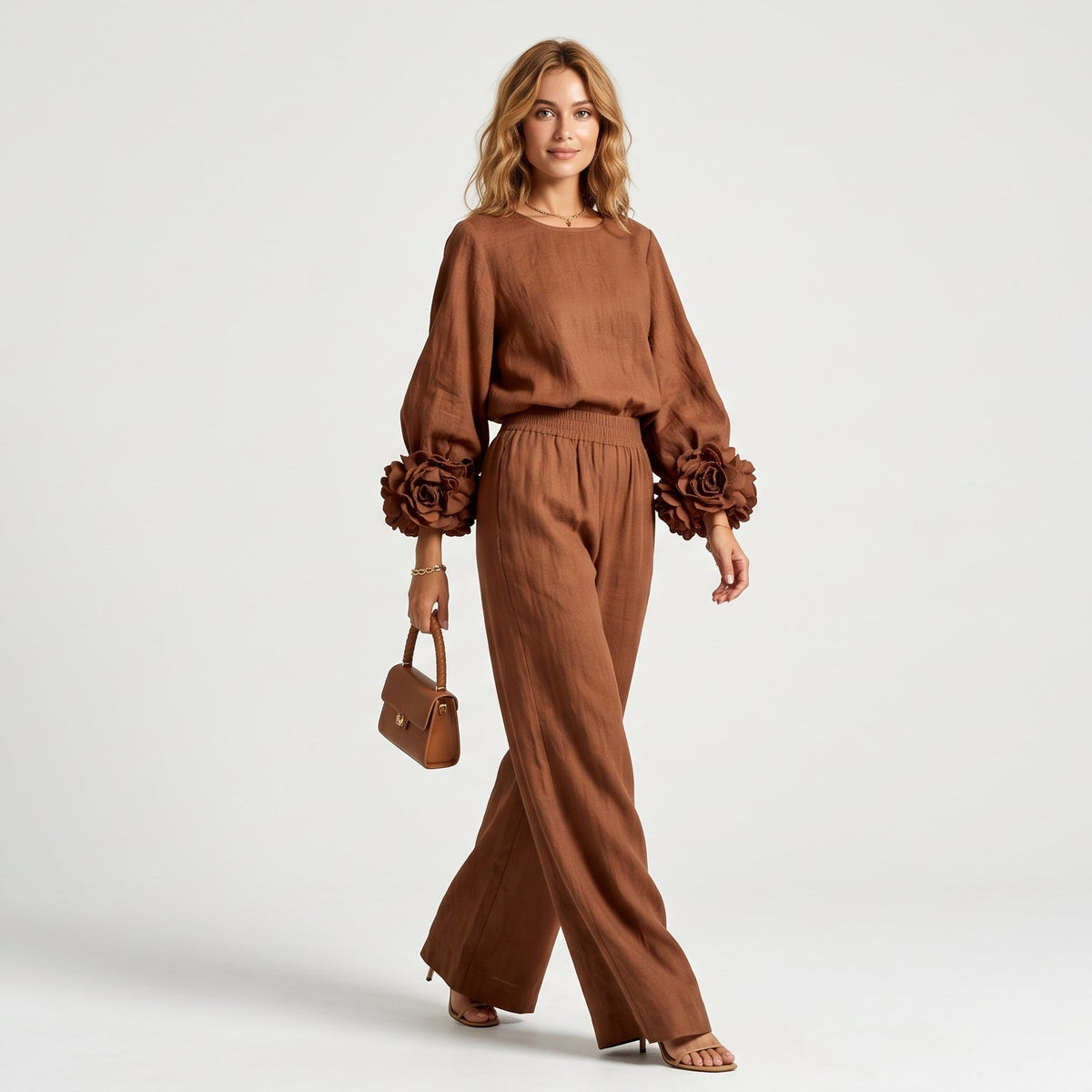 Ensemble Chic Deux Pièces : Top à Poignets Floraux & Pantalon Ample