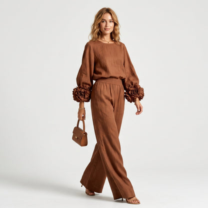 Ensemble Chic Deux Pièces : Top à Poignets Floraux & Pantalon Ample