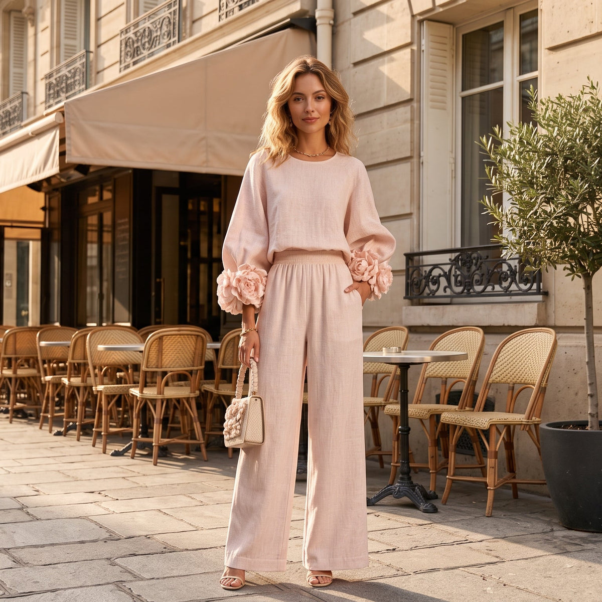 Ensemble Chic Deux Pièces : Top à Poignets Floraux & Pantalon Ample