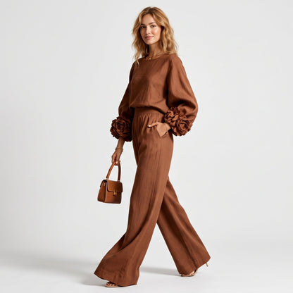 Ensemble Chic Deux Pièces : Top à Poignets Floraux & Pantalon Ample