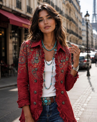 Veste Élégante à Revers et Volants Imprimés – Chic & Tendance
