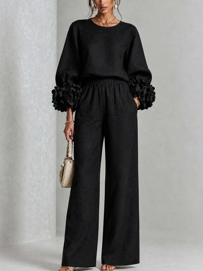 Ensemble Chic Deux Pièces : Top à Poignets Floraux & Pantalon Ample