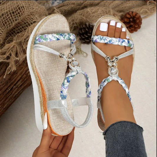 Sandales Compensées Tressées avec Perles — Gnabro