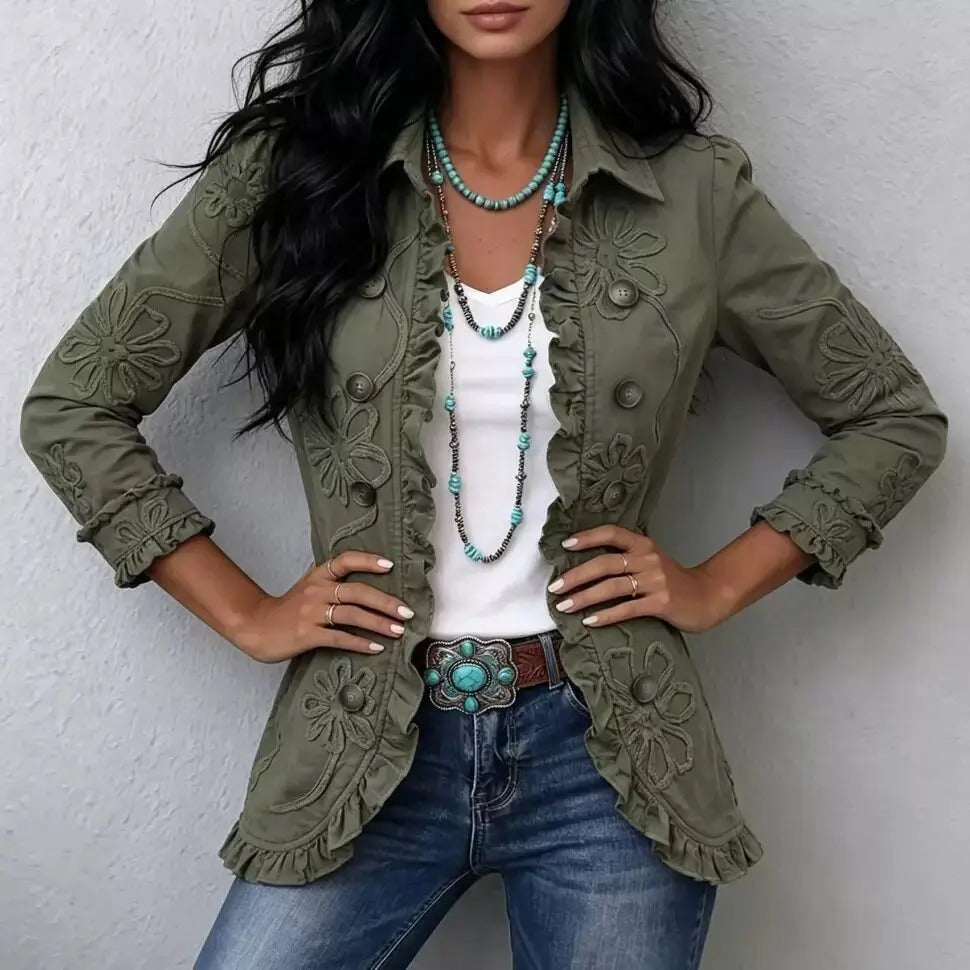 Veste Élégante à Revers et Volants Imprimés – Chic & Tendance