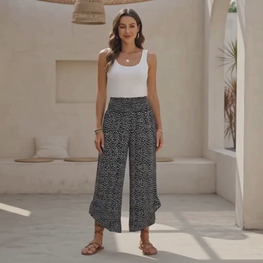 "Pantalon Large Taille Haute à Pois – Style Bohème Chic"
