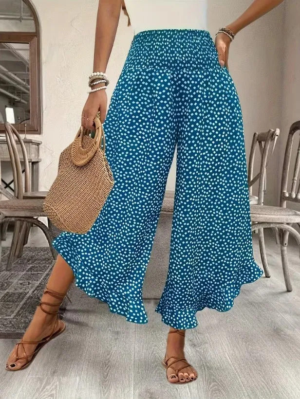 "Pantalon Large Taille Haute à Pois – Style Bohème Chic"
