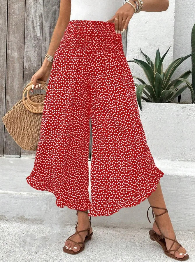 "Pantalon Large Taille Haute à Pois – Style Bohème Chic"