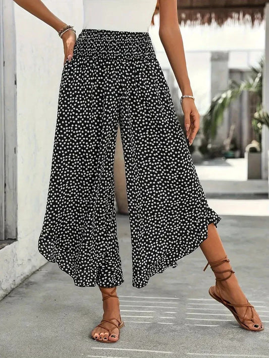 "Pantalon Large Taille Haute à Pois – Style Bohème Chic"